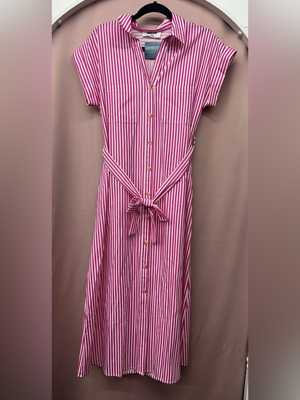Pink Stripe Button-Front Shirt Dress with Tie Waist